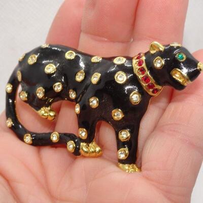 Black Leopard Rhinestone Brooch, Red Rhinestone Color