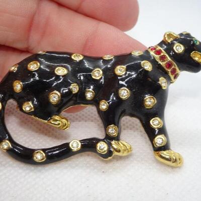 Black Leopard Rhinestone Brooch, Red Rhinestone Color