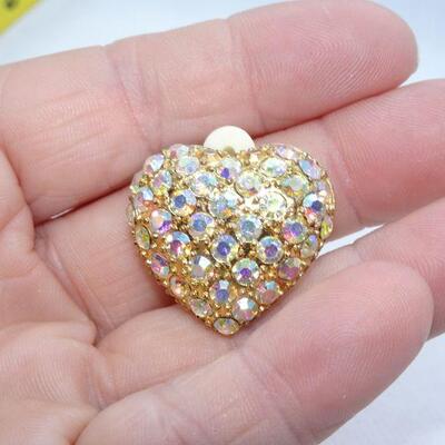 Opalescent Heart Rhinestone Gold Tone Clip Earrings 