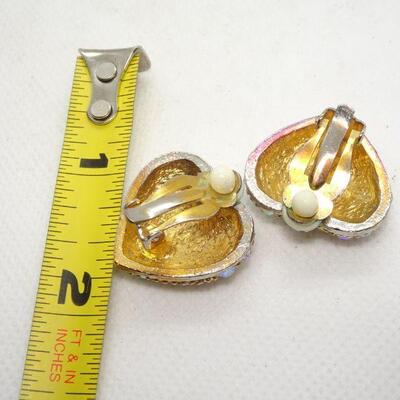 Opalescent Heart Rhinestone Gold Tone Clip Earrings 