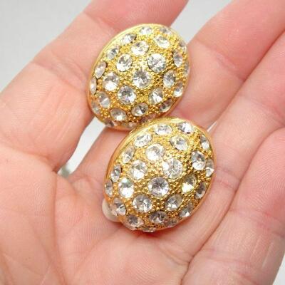 Gold Tone Rhinestone Clip Earrings 