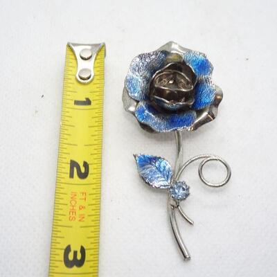 Blue Rose & Rhinestone Brooch 