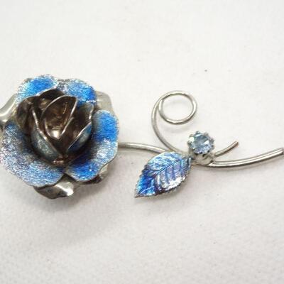 Blue Rose & Rhinestone Brooch 