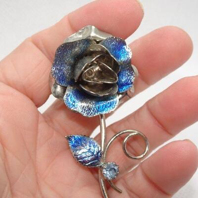 Blue Rose & Rhinestone Brooch 