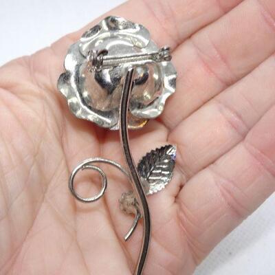 Blue Rose & Rhinestone Brooch 