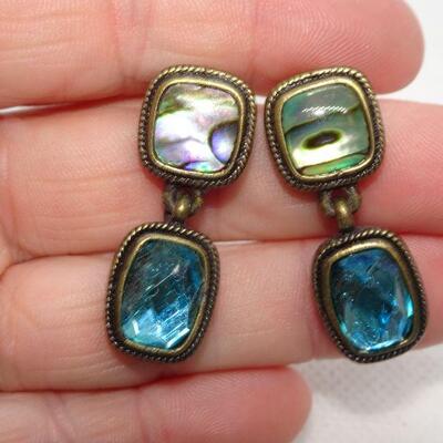 Sapphire Blue & Abalone Seashell Post Earrings 