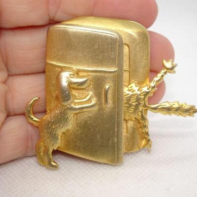 Who Let the Dogs Out? Gold Tone Cat & Dog Refrigerator Brooch 
