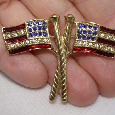 Stars & Stripes, Gold Tone Brooch Rhinestone