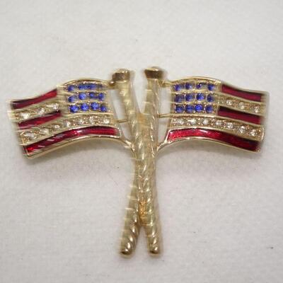 Stars & Stripes, Gold Tone Brooch Rhinestone