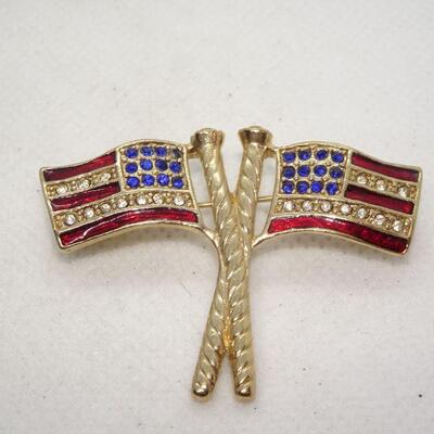 Stars & Stripes, Gold Tone Brooch Rhinestone
