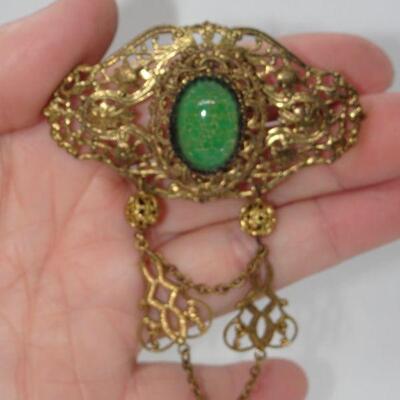 Victorian Filigree Collar Brooch, Green Stone - Beautiful! - Reserve 