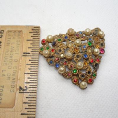 Art Nuevo Rhinestone & Pearl Brooch Pin, Triangle Design