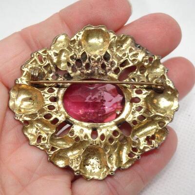 Spectacular Victorian Style Amethyst Colored Center Stoned, Gold Tone Brooch - Reserve 