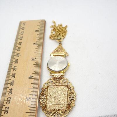 1980's Art Deco Style Geneva Collar Brooch Watch, Enamel & Gold Tone, Fringe 