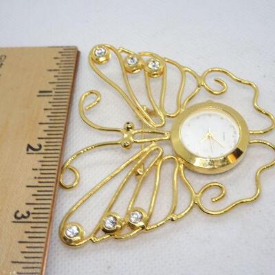 Golden Butterfly Quart Watch Brooch, Rhinestone 