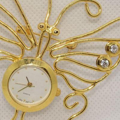 Golden Butterfly Quart Watch Brooch, Rhinestone 