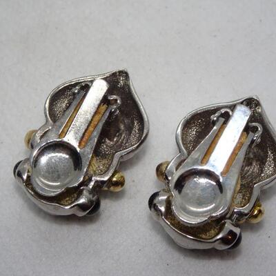 Silver & Gold Tone Black Onyx Clip Earrings