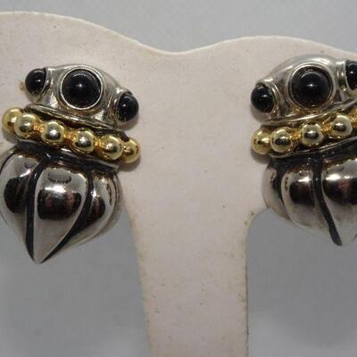 Silver & Gold Tone Black Onyx Clip Earrings