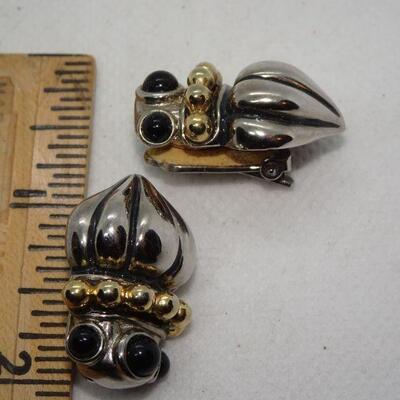 Silver & Gold Tone Black Onyx Clip Earrings