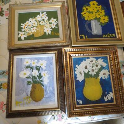 Four Framed Paintings Flower Flowers Daisies Vases  13 x 15 - Item # 84