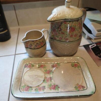 Four Pieces Vintage Japan China Tea Set Teapot with Lid Creamer and Tray Floral Marked - Item # 135