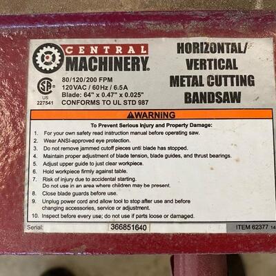 282 Central Machinery Horizontal/Vertical Metal Cutting Bandsaw
