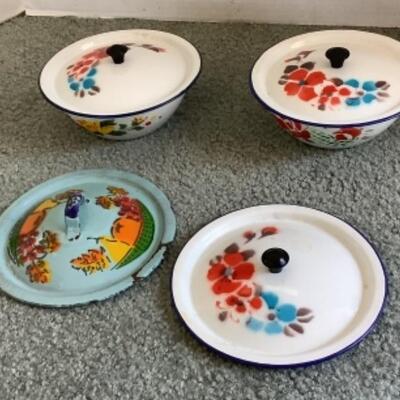 313 Two Small Vintage Enamelware  Bowls with Lids
