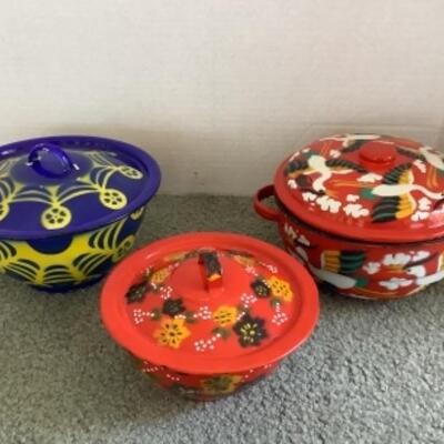 314 Three Vintage Enamelware Pots with Lids