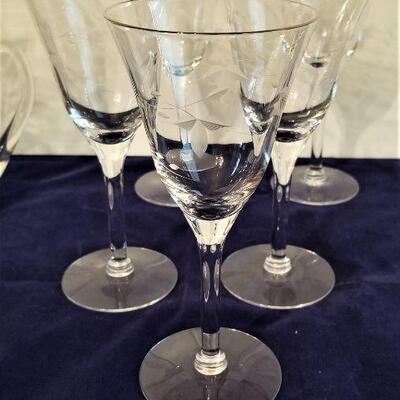 Lot #73  Pitcher and 8 vintage wine glasses - acid-etched