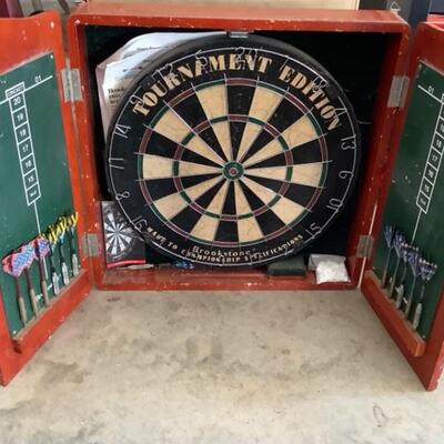 343 Brookstone Dart Board Cabinet with Dart Board and Darts