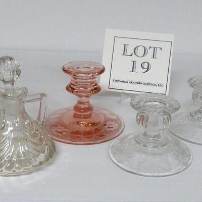 Lot of Elegant Glass, Cambridge Diane Candle Holders, Cambridge Caprice Cruet, Unknow Etched Candle Holder
