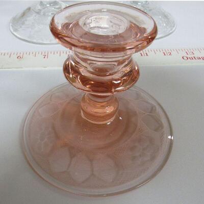 Lot of Elegant Glass, Cambridge Diane Candle Holders, Cambridge Caprice Cruet, Unknow Etched Candle Holder