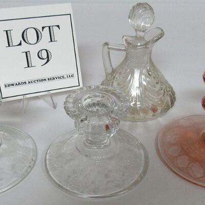 Lot of Elegant Glass, Cambridge Diane Candle Holders, Cambridge Caprice Cruet, Unknow Etched Candle Holder