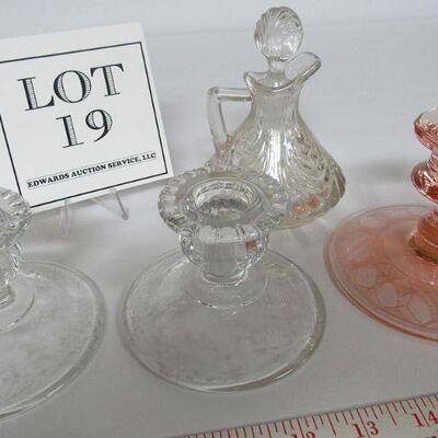 Lot of Elegant Glass, Cambridge Diane Candle Holders, Cambridge Caprice Cruet, Unknow Etched Candle Holder