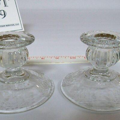 Lot of Elegant Glass, Cambridge Diane Candle Holders, Cambridge Caprice Cruet, Unknow Etched Candle Holder
