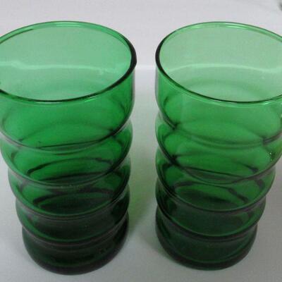 Depression Glass Forest Green Tumblers, Iris & Herringbone Creamer, Aunt Polly Sherbert, Forest Green Vase, Mississippi Tumbler
