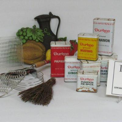 Kitchen Stuff, MCM Napkin Holder, Syroco 1975 Wall Plaque, Modern Spice Tins, more