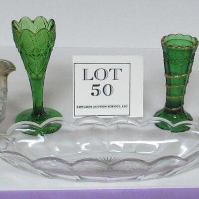 Vintage Pattern Glass & Pressed Glass, Heisey Relish, Oil Bottle, Green Vase, Green Snake Vase, Pattee Cross Creamer
