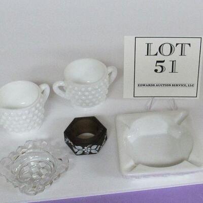 Fenton Hobnail S/CR, Fostoria American Ashtray, Westmoreland Grapes Ashtray and Floral Napkin Ring