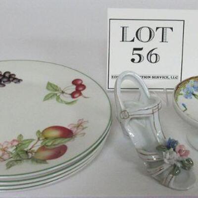 4 England Fruit Plates, Nippon Small Dish, Fancy Slipper Applied Flowers