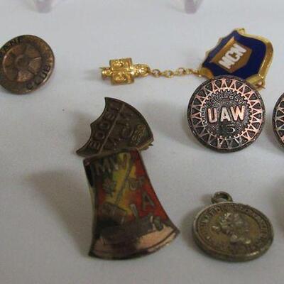 Misc Old Pins 4H, Crane, UAW, American Legion, MCN, Boost