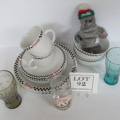 15 Pc Lot of Misc Coca Cola Stuff, Plates, Bowls, Cups, Tumblers, Stuffed Guy