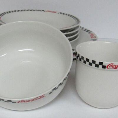 15 Pc Lot of Misc Coca Cola Stuff, Plates, Bowls, Cups, Tumblers, Stuffed Guy