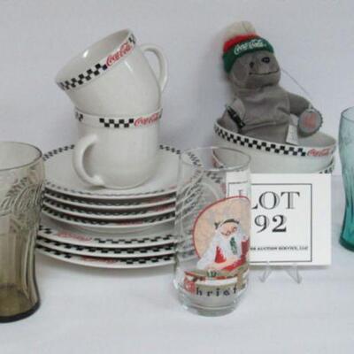 15 Pc Lot of Misc Coca Cola Stuff, Plates, Bowls, Cups, Tumblers, Stuffed Guy