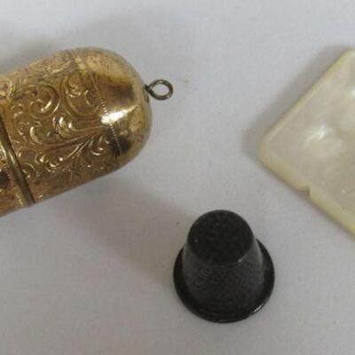 Vintage Fancy Brass Sewing Bullet with Brass Thimble and Thread Inside, Rare Metal Child's Thimble, & MOP Thread Winder