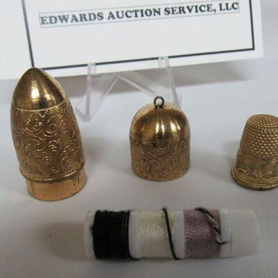 Vintage Fancy Brass Sewing Bullet with Brass Thimble and Thread Inside, Rare Metal Child's Thimble, & MOP Thread Winder