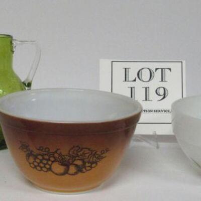 Pyrex Old Orchard Mixing Bowl, Fire King Dogwood Mixing Bowl, Green Crackle Glass Pitcher