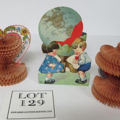 3 Antique Valentines, 2 Fold Out Honeycomb, 1 Mechanical Flat