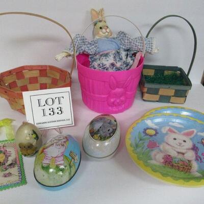 Lot of Fun Easter Stuff, Nice Blow Mold Candy Basket, 2 Vintage Japan Baskets, Vintage Wax Egg, 2 Modern Tin Eggs, Bunny Doll, More