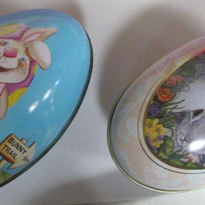 Lot of Fun Easter Stuff, Nice Blow Mold Candy Basket, 2 Vintage Japan Baskets, Vintage Wax Egg, 2 Modern Tin Eggs, Bunny Doll, More